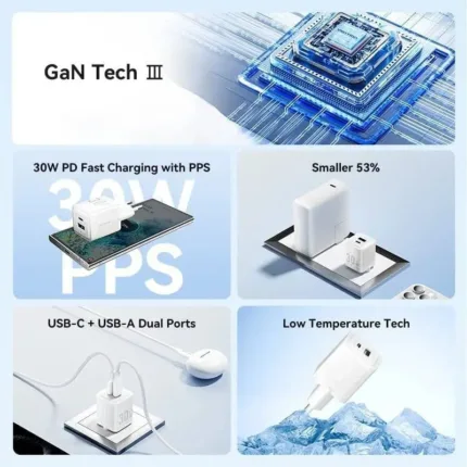 cargador de pared vention gan usb c + usb a 30w black + cable ucb c 1m black