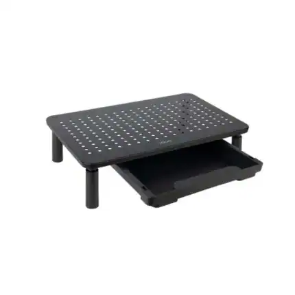 Soporte de escritorio con bandeja extraíble para organización y trabajo eficiente.