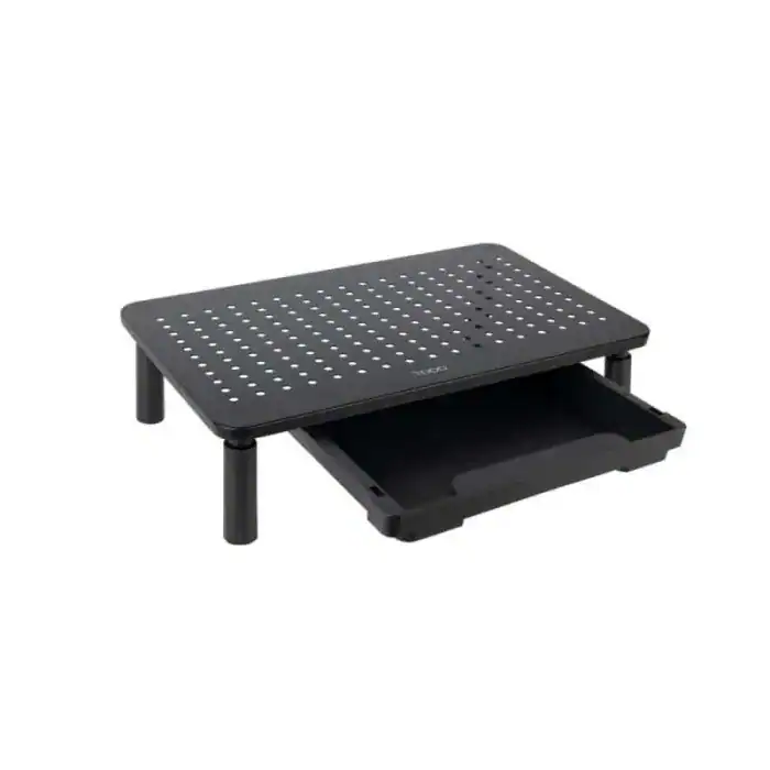 Soporte de escritorio con bandeja extraíble para organización y trabajo eficiente.
