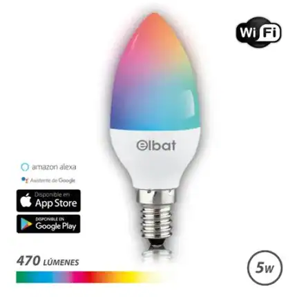 Lámpara LED WiFi compatible con Alexa y Google Assistant, 470 lúmenes, control desde app, 5W, color RGB.
