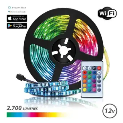 Tira de luces LED RGB controlable con mando a distancia, compatible con WiFi, ideal para decoración.