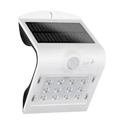 Lámpara solar LED con panel solar y sensor de movimiento para iluminación exterior eficiente.