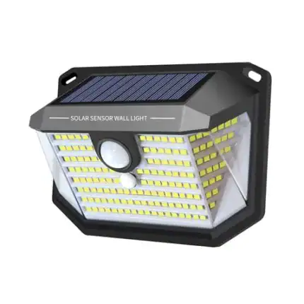 Lámpara solar con sensor de movimiento y panel solar para iluminación exterior eficiente.