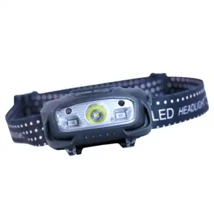 Lámpara frontal LED para actividades al aire libre, ideal para camping, senderismo y emergencias.