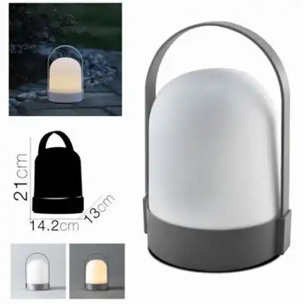 Lámpara portátil LED para exteriores, camping y emergencias, con asa y diseño compacto.