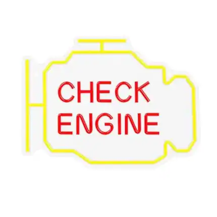 Revisión de motor en señal luminosa con texto "CHECK ENGINE" en neón rojo y marco amarillo.