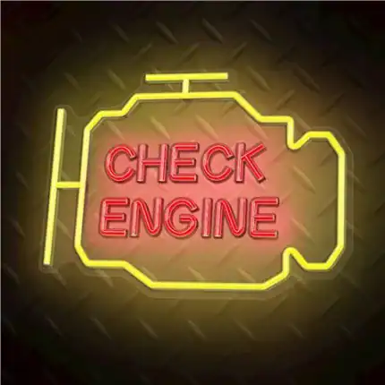 Revisión de motor en neon con señal de "Check Engine" para diagnóstico automotriz.