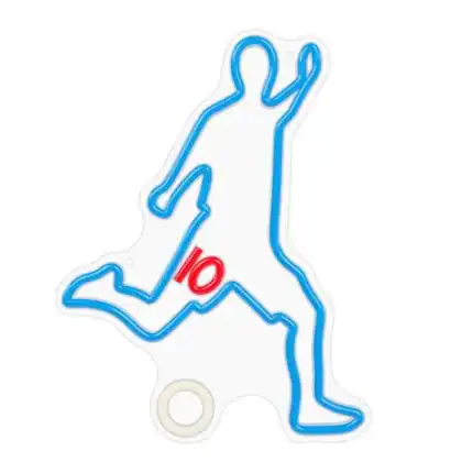 Logo de figura humana en neón azul con número 10 en rojo, representando tecnología y digitalizaci.