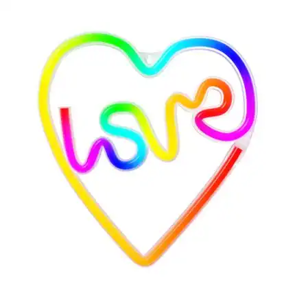 Amor en colores con la palabra "love" en un corazón luminoso, símbolo de afecto y diversidad en tecn.