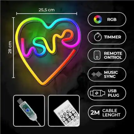 Luz LED en forma de corazón con tecnología RGB, control remoto y sincronización musical. Ideal para.