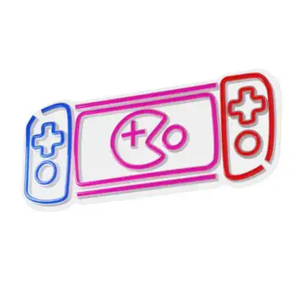 Consola de videojuegos neon con símbolo de más y menos para control de volumen.
