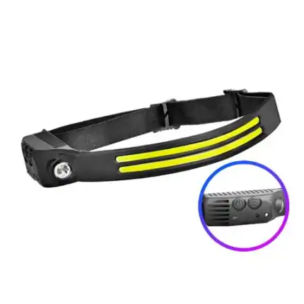 Lámpara frontal LED con batería recargable, ideal para actividades nocturnas y trabajos en entornos.