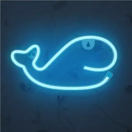 Pez de neón en forma de delfín, señal luminosa azul para decoración moderna.