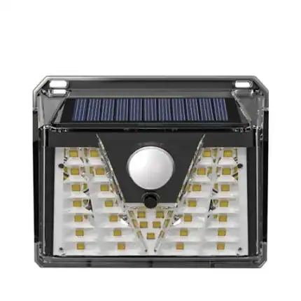 Lámpara solar LED con sensor de movimiento y panel solar, ideal para exteriores y seguridad.