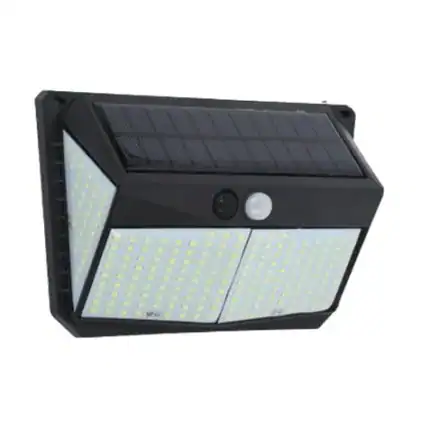 Lámpara solar con sensor de movimiento y panel solar para iluminación exterior eficiente.