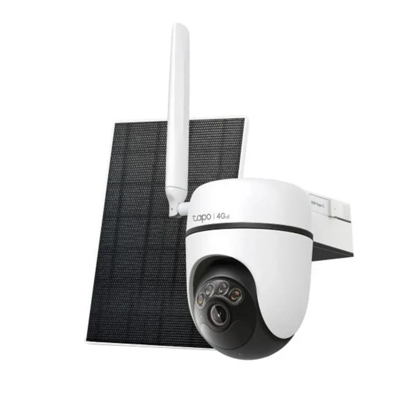 Cámara de seguridad con antena y panel solar para monitoreo remoto.