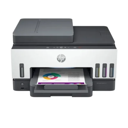 Impresora HP multifunción con escáner y cartuchos de tinta color.