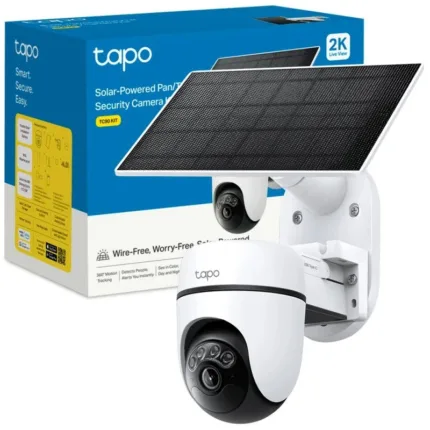 Cámara de seguridad solar Tapo con panel solar y vigilancia exterior.
